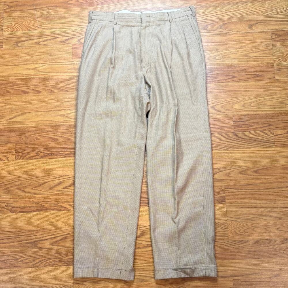 Vtg Polo Ralph Lauren USA Made Pleated Dress Pants Men 34x31 Beige Birdseye Wool
